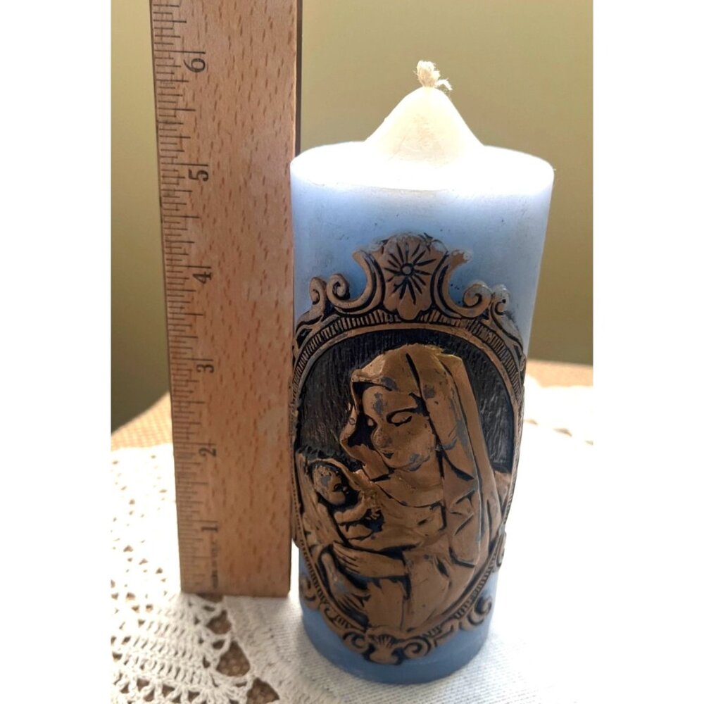 Candle Jasco 1978 Christmas Adoration Madonna & Child Blue Gold 5" Vintage - Picture 3 of 7